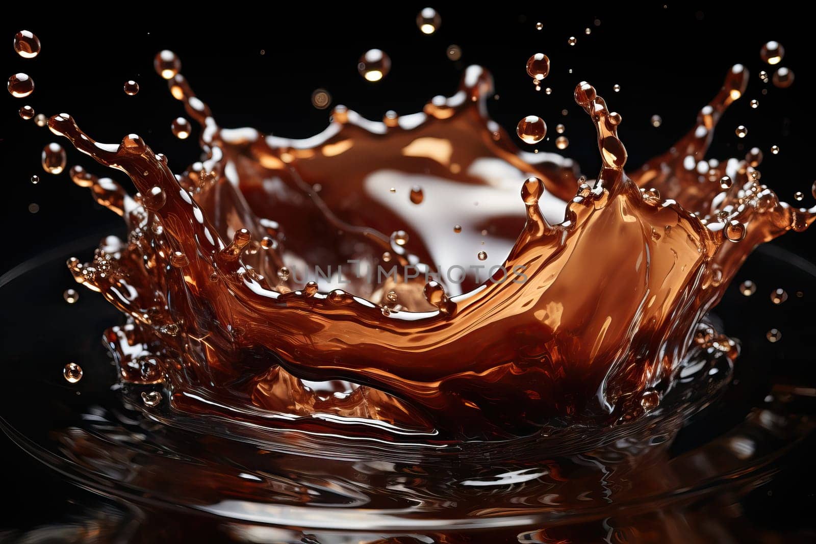 Liquid soda, splashes and drops of chocolate on a black background.