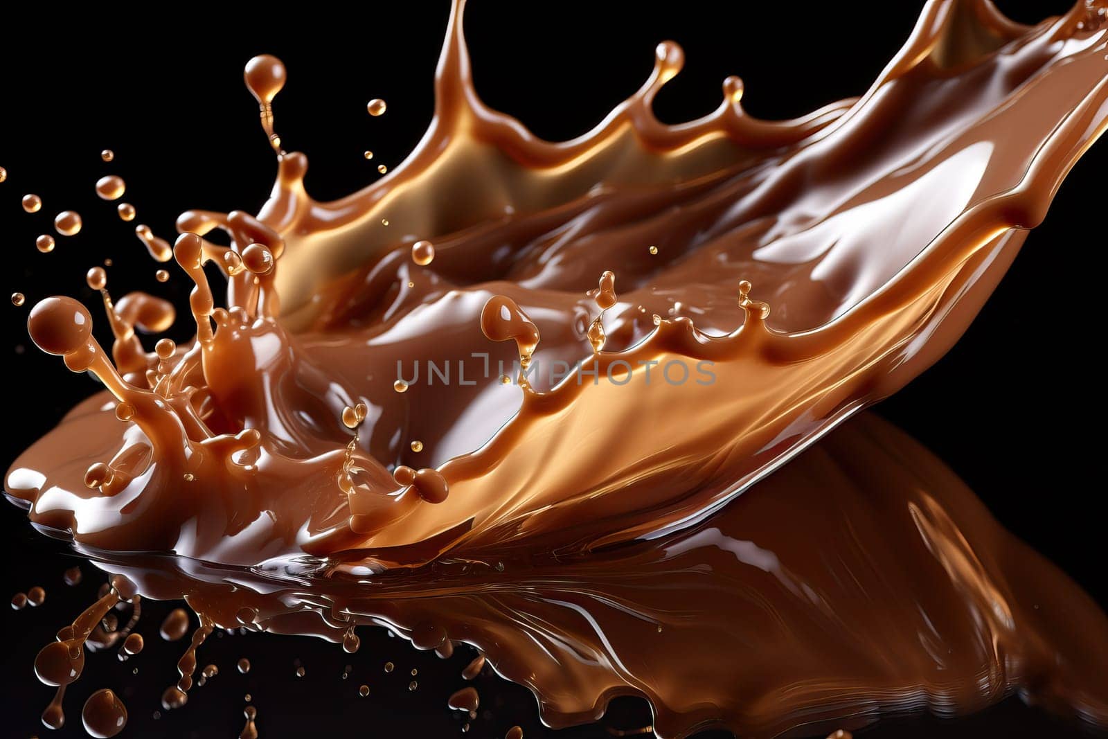 Liquid chocolate, splashes and drops of chocolate on a black background.