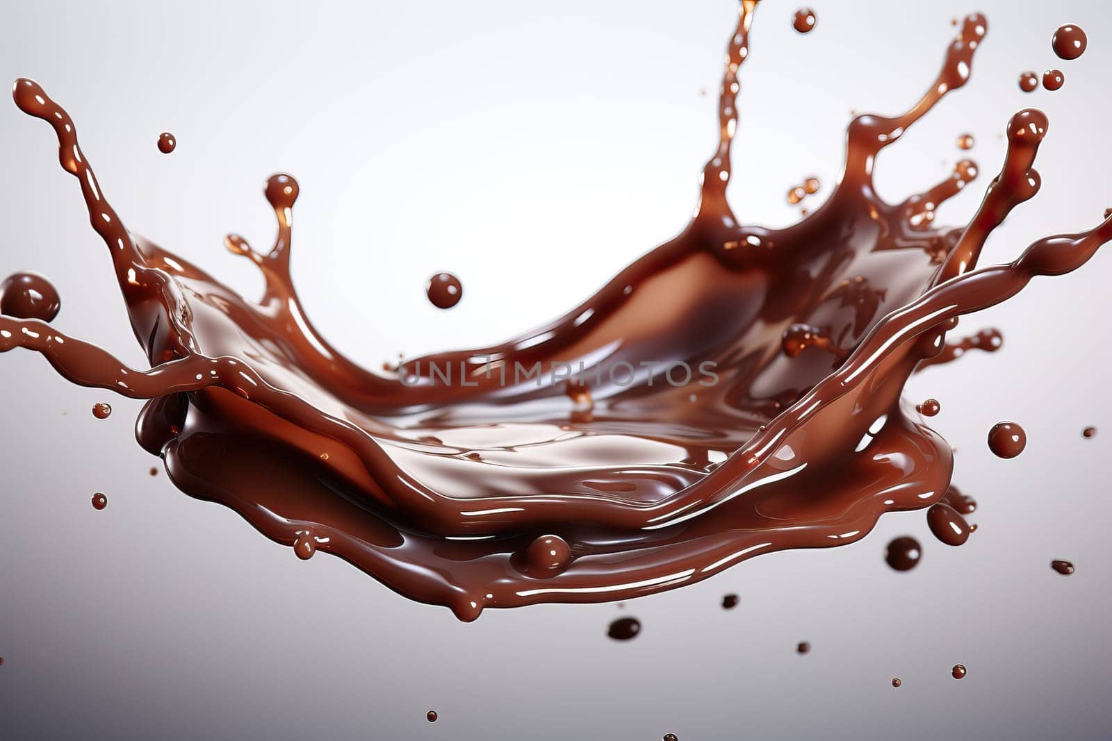 Liquid chocolate, splashes and drops of chocolate on a white background.