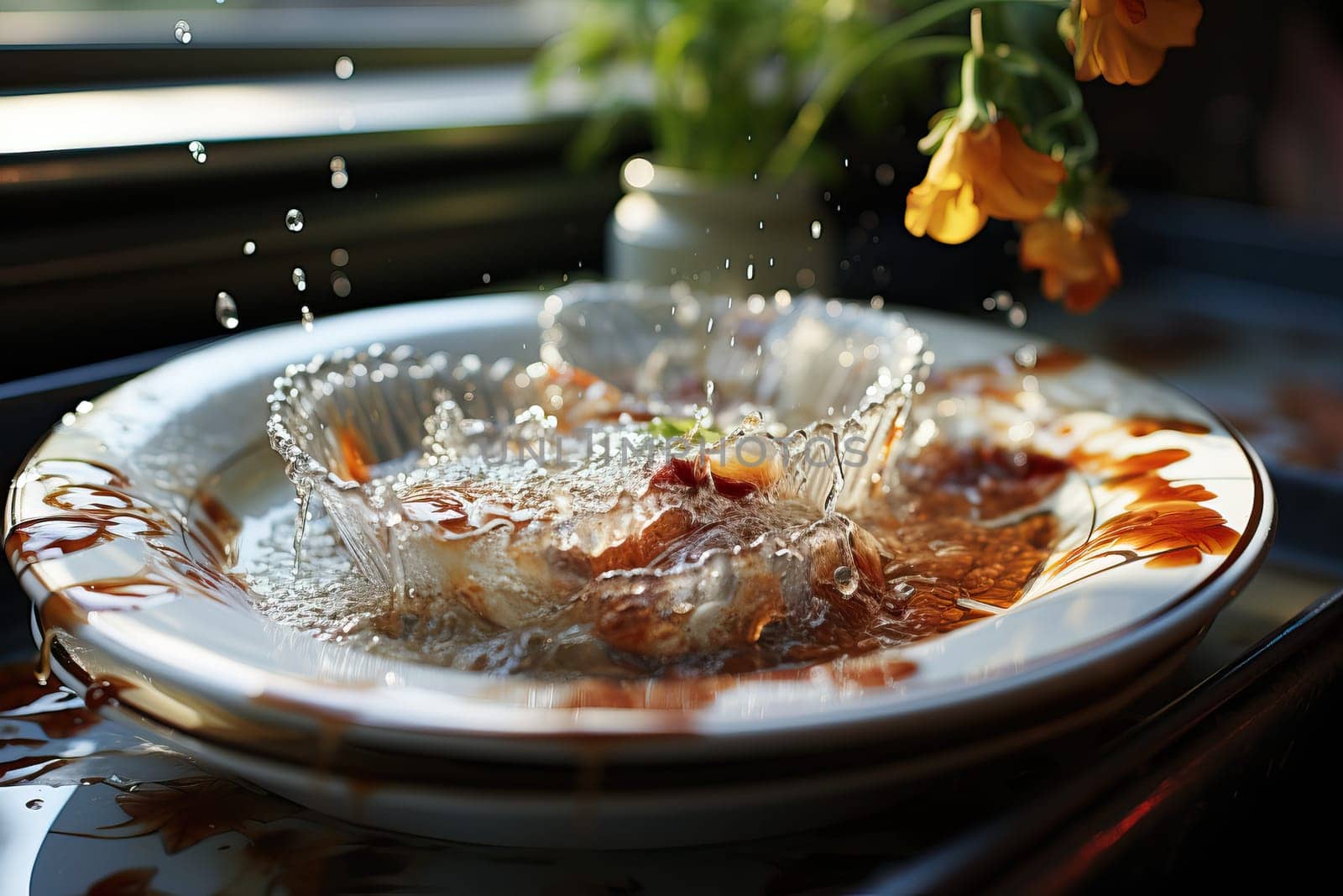 Water dripping on dirty dishes close-up, unwashed dishes.