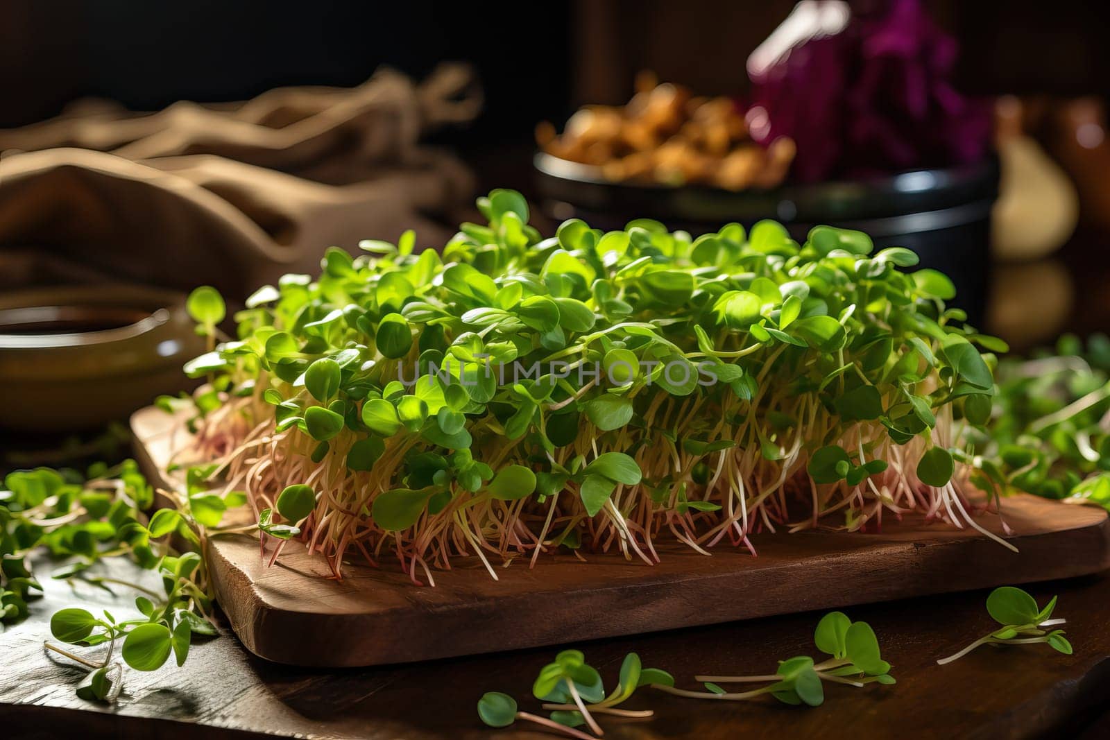 Useful microgreens on the table in the kitchen, growing microgreens at home.