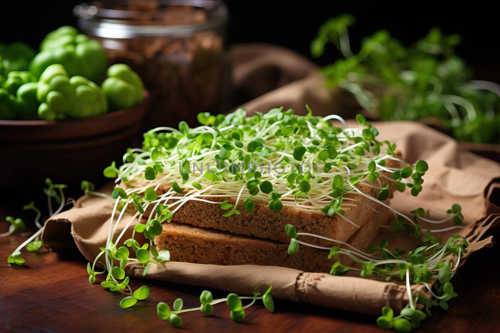 Useful microgreens on the table in the kitchen. Pieces of bread are covered with green microgreens for a healthy breakfast. by Niko_Cingaryuk