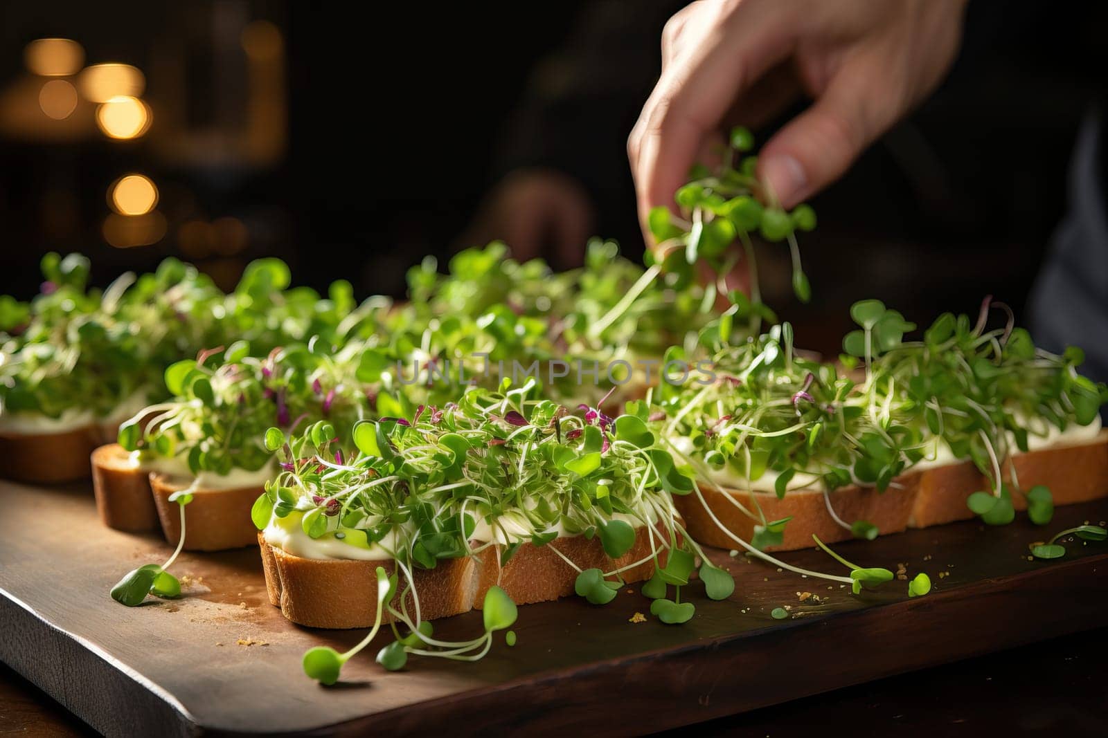 A person puts microgreens on a sandwich, useful microgreens for healthy eating. Pieces of bread are covered with green microgreens for a healthy breakfast.