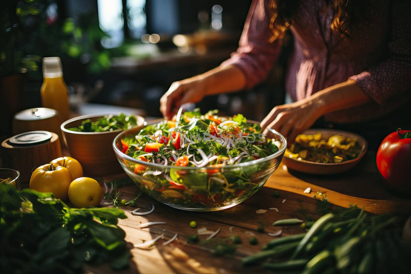 A woman prepares a vegetarian salad for herself in the kitchen, the concept of healthy eating.