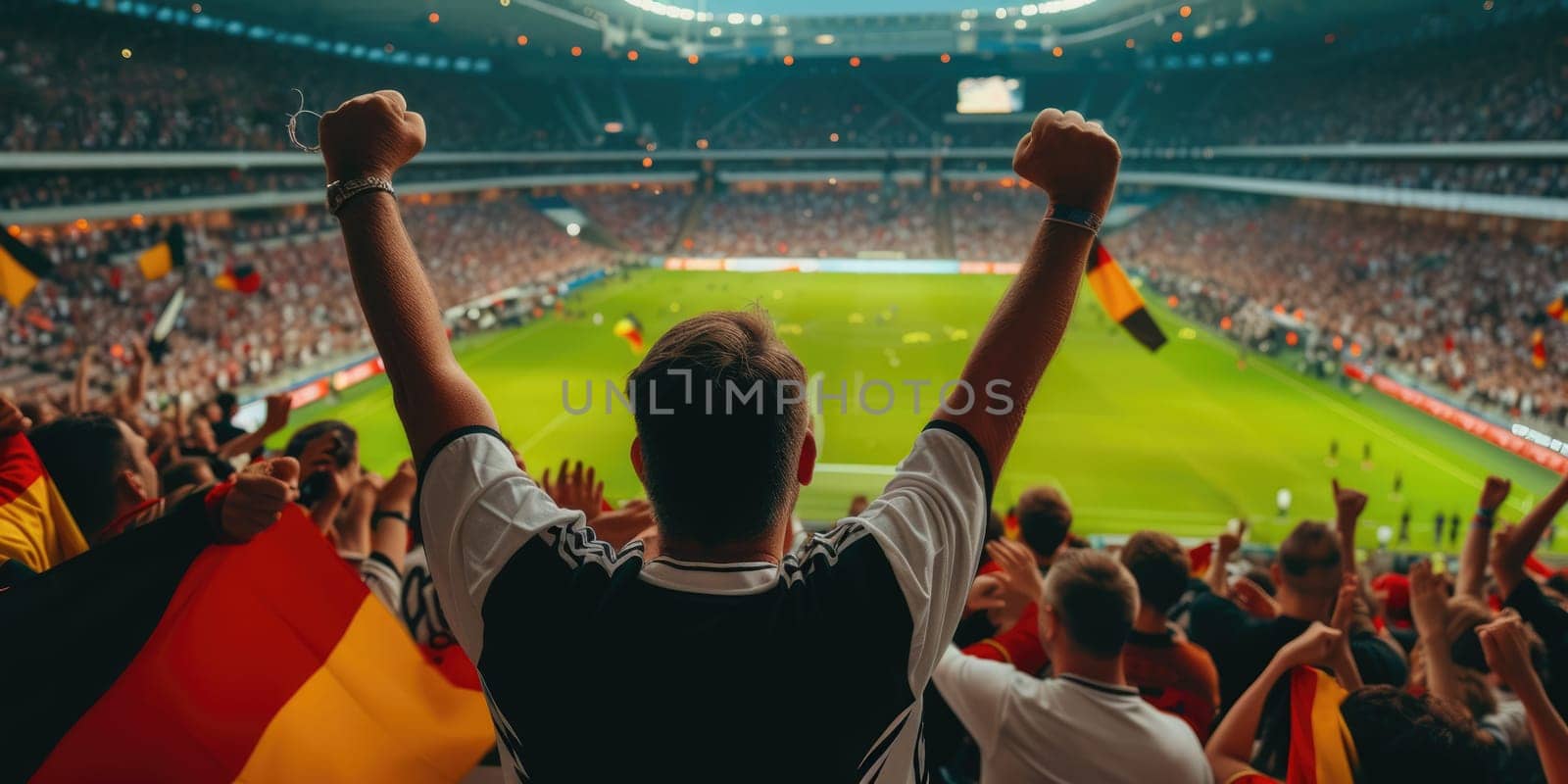 A man is standing in a stadium with his arms in the air AIG41 by biancoblue