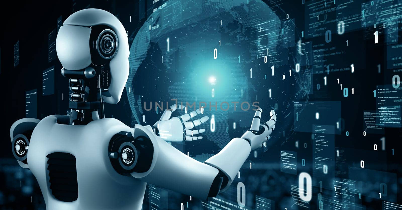 XAI 3d illustration Futuristic robot artificial intelligence huminoid AI programming coding technology development and machine learning concept. Robotic bionic science research for future of human life. 3D rendering.