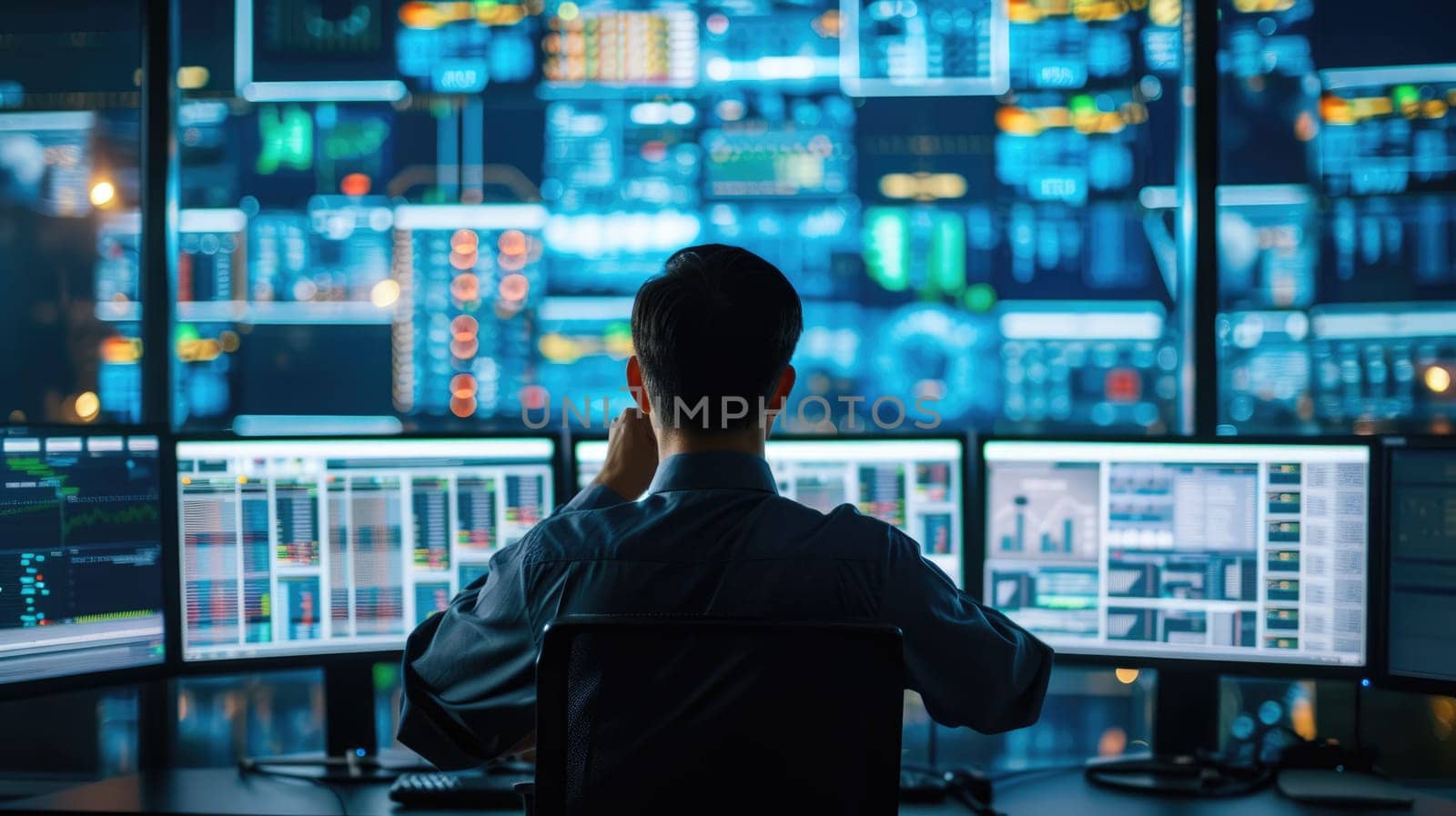 A man, wearing a hat and headphones, sits in front of a multimedia display device in a control room with an electric blue ambiance. AIG41