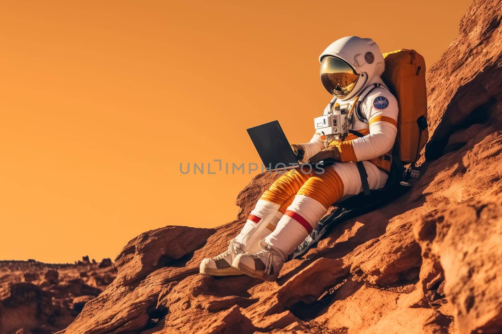 Astronaut with laptop sitting on rocky Mars-like terrain. Conceptual space exploration scene. Science fiction book cover design. Mars colonization and space travel concept