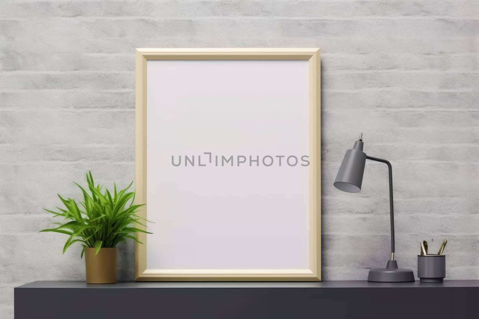 Modern interior mockup with blank frame, desk lamp, and potted plant on black shelf against beige wall. Minimalist design template for poster, artwork or photo display