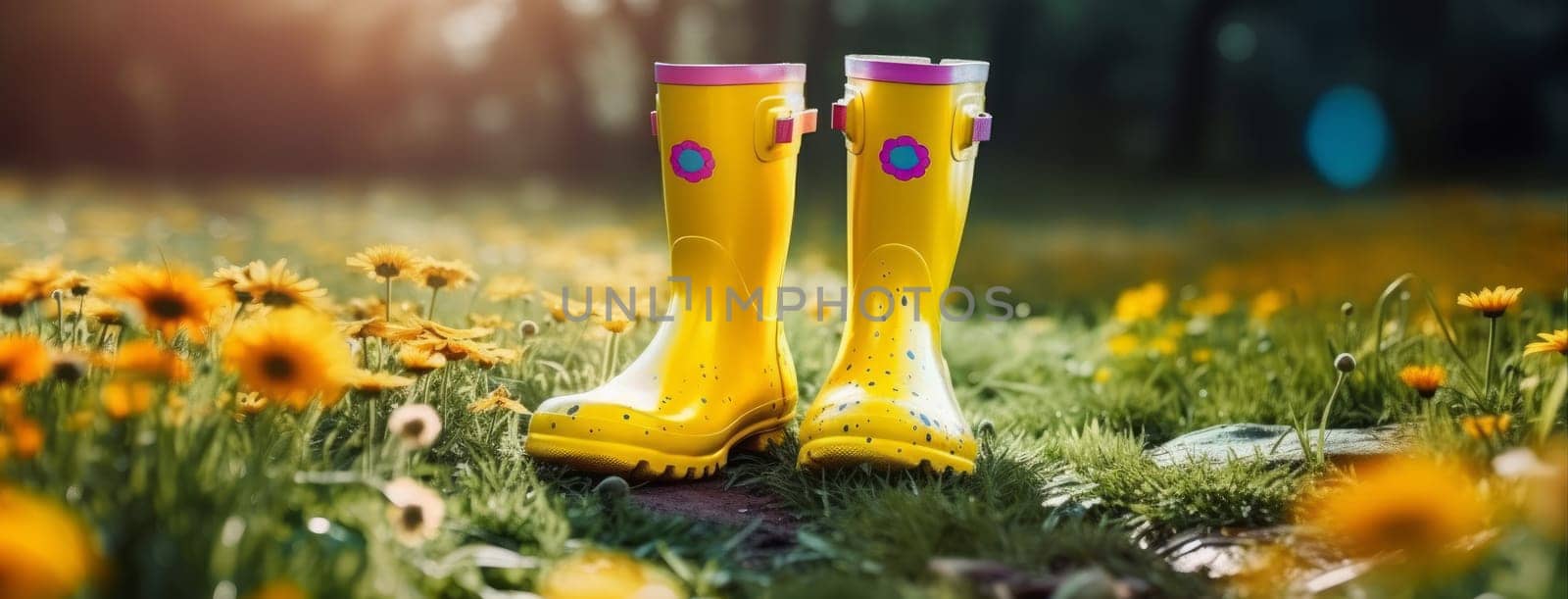 Spring gardening concept: spring flowers with rubber boots in the spring park at sunset.,