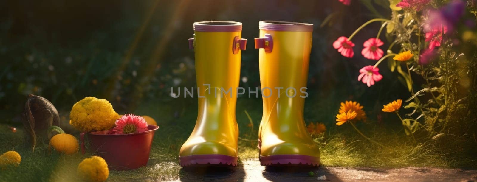 Spring gardening concept: old watering can, bouquet of spring flowers with gumboots and pots in the spring park at sunset.,,