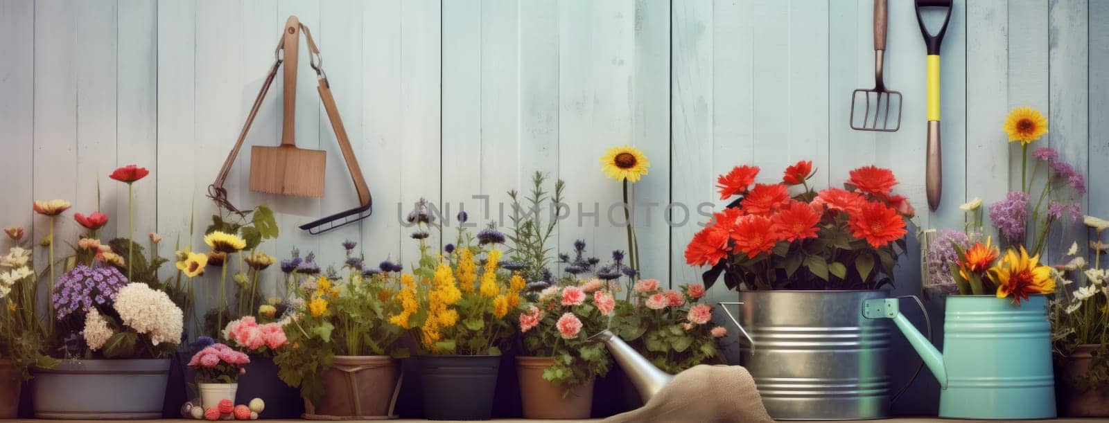 Gardening tools and seedlings on wooden table in greenhouse. Spring in the garden,,