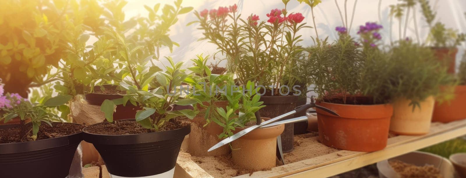Soil in the flower pots and gardening tools on wooden flat lay background with copy space.,,
