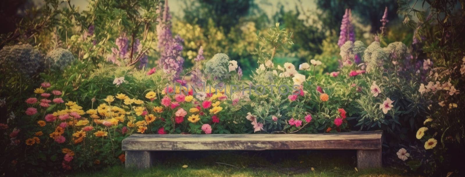 wooden bench in garden with background full of spring flowers,,