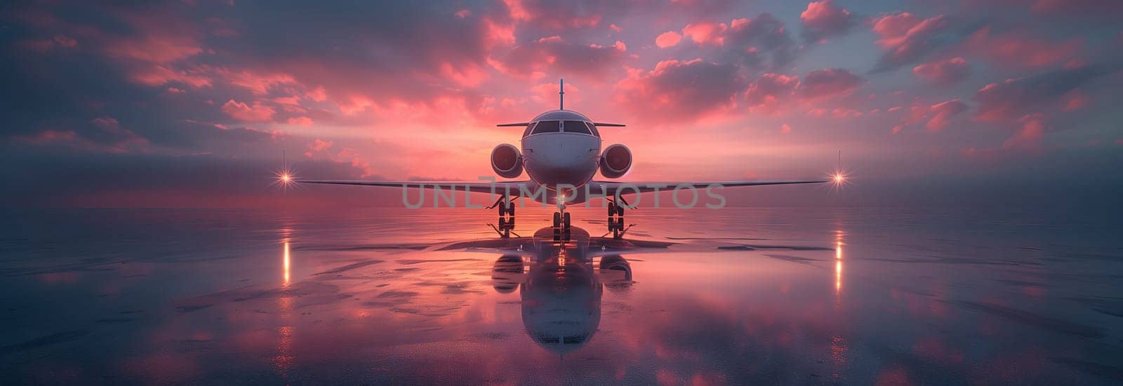 A violet and magenta plane is reflected on the wet runway at sunset, creating a beautiful symmetry with the sky and horizon in the landscape