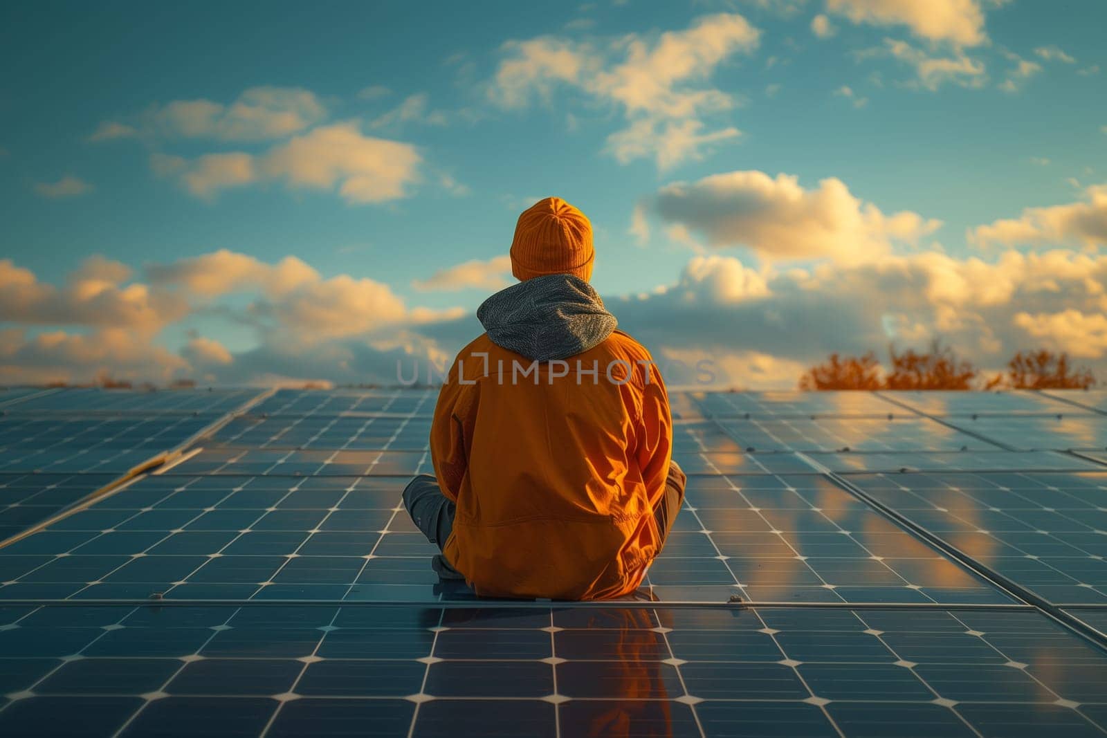 a man is sitting on top of a solar panel looking at the sky by richwolf