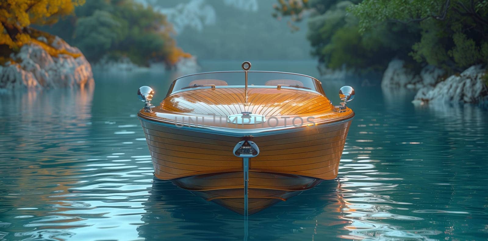 A watercraft leisurely floats on the tranquil liquid of a lake, blending harmoniously with the natural landscape of the picturesque setting