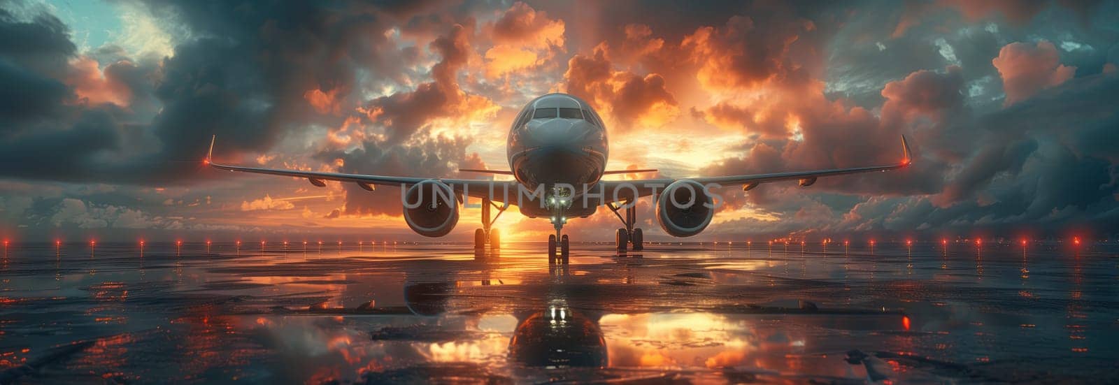 An aircraft rests on the tarmac as the sun sets in the background, creating a picturesque scene of the horizon and sky