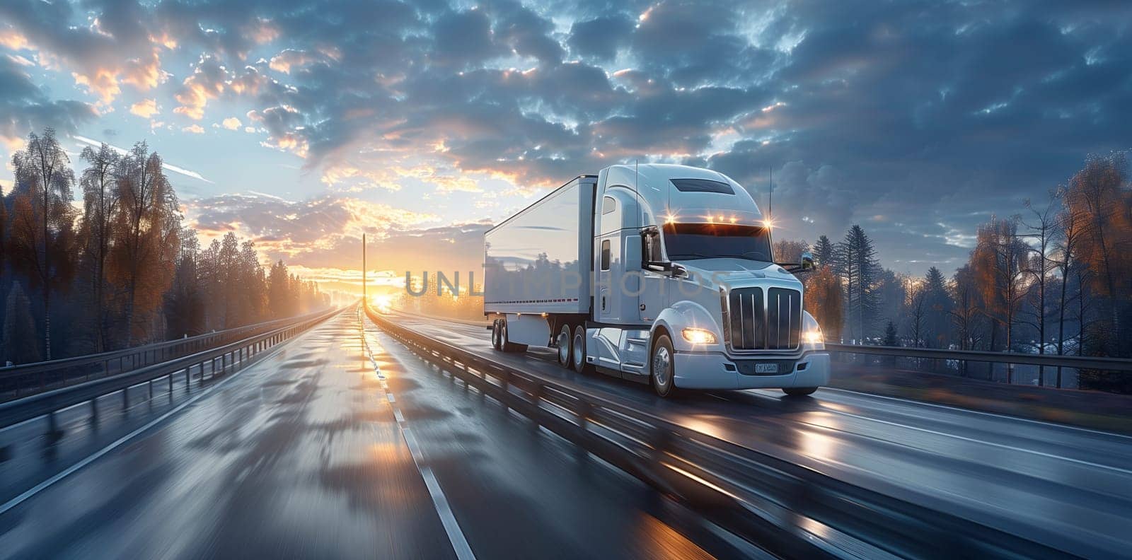 A semi truck is traversing the highway under a sunset sky, with clouds casting shadows on the asphalt. The motor vehicles tires hum as they roll along the road