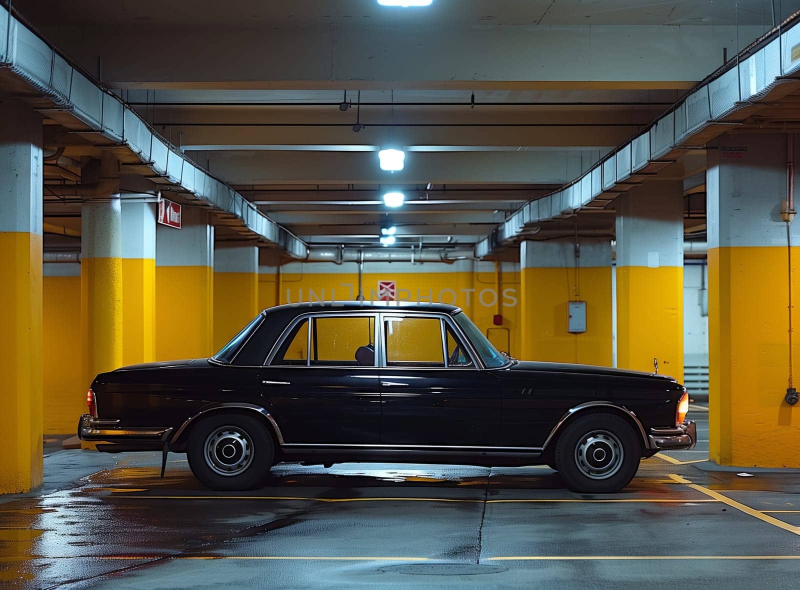 A black car with four wheels is parked in a garage with yellow pillars. The vehicle is resting on the flooring, surrounded by automotive parking lights