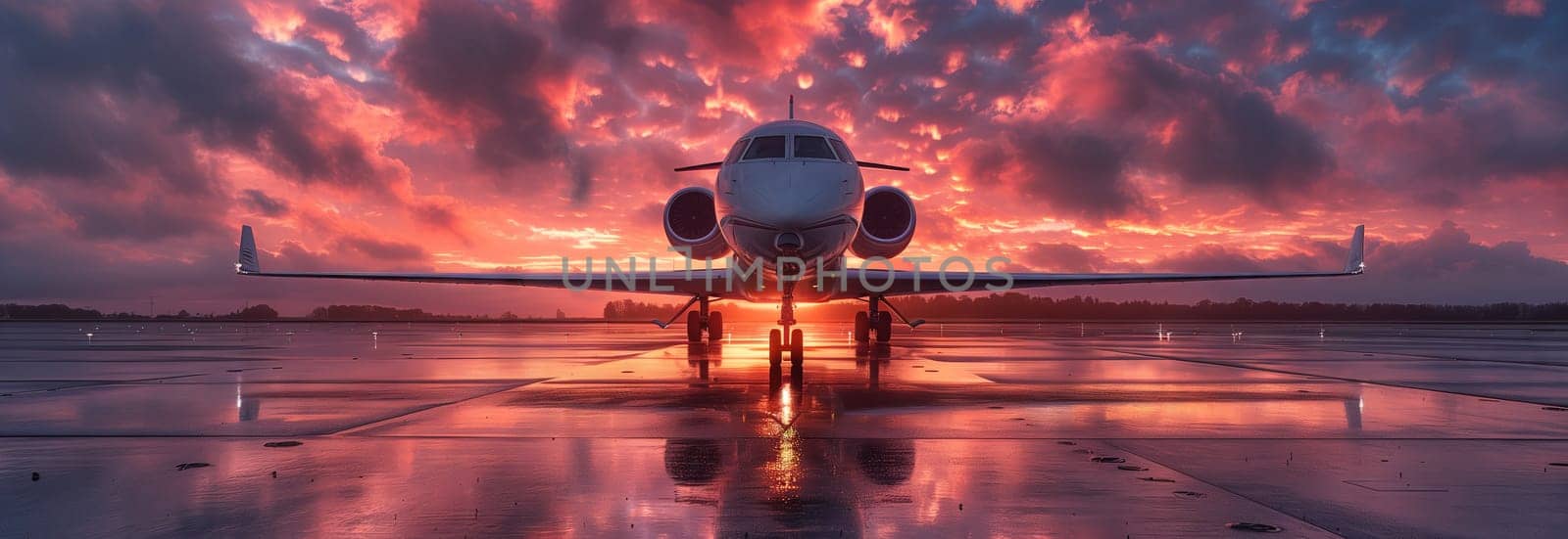 A private jet sits parked on a runway against a backdrop of a magenta sunset by richwolf