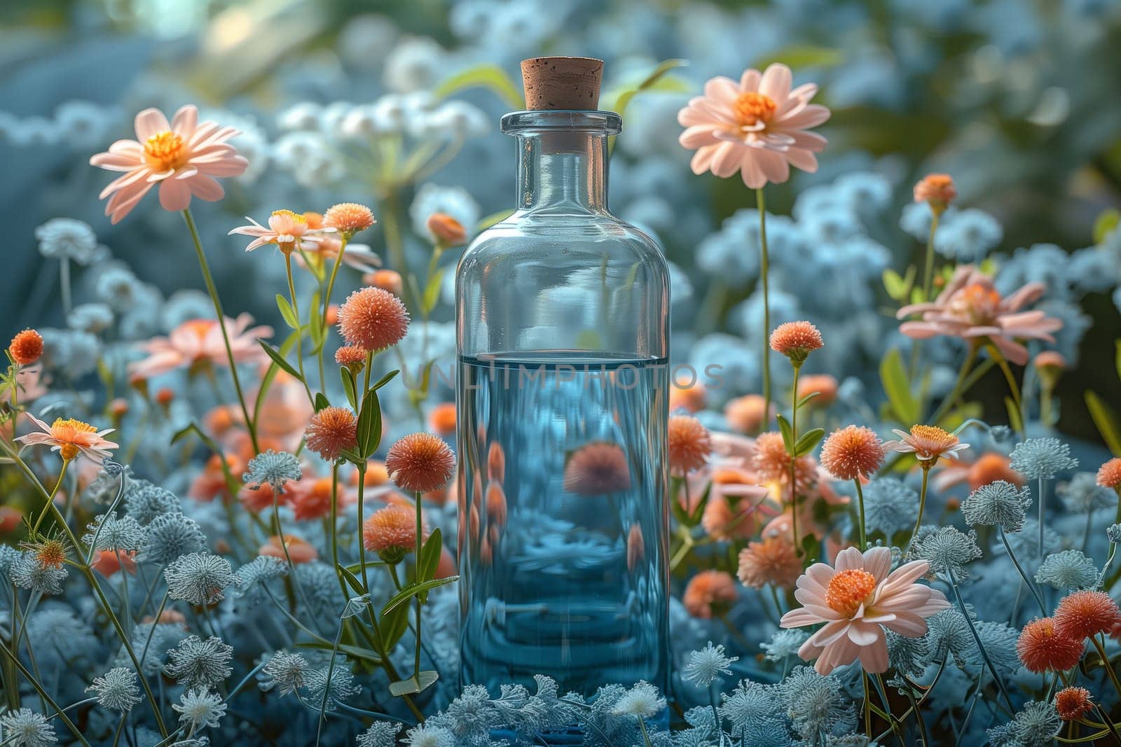 A glass bottle sits among vibrant flowers in a picturesque field, creating a stunning landscape of plants and petals