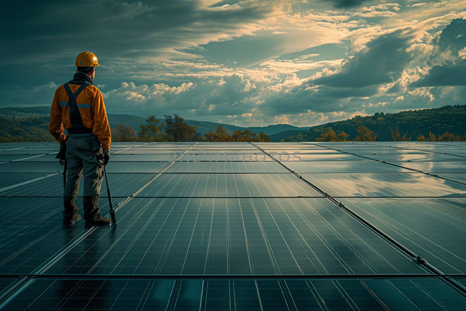 A man stands on a solar panel against a calm sky backdrop by richwolf