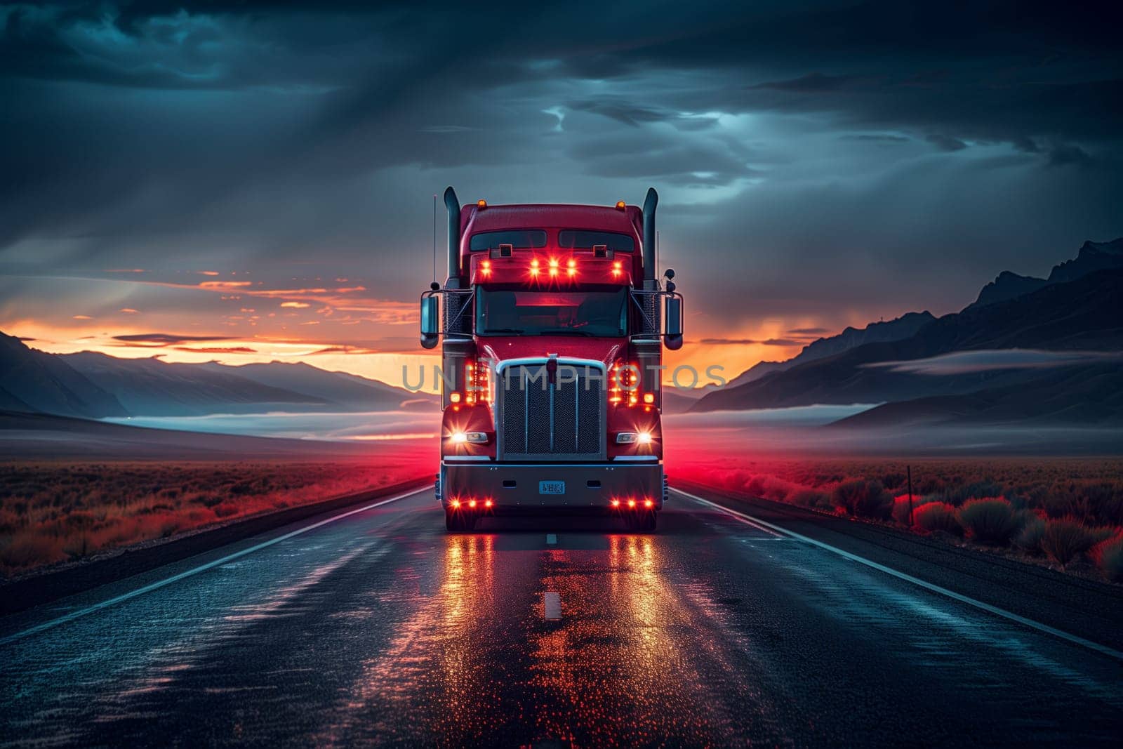 A red semi truck is traveling on a wet road at sunset with clouds in the sky by richwolf