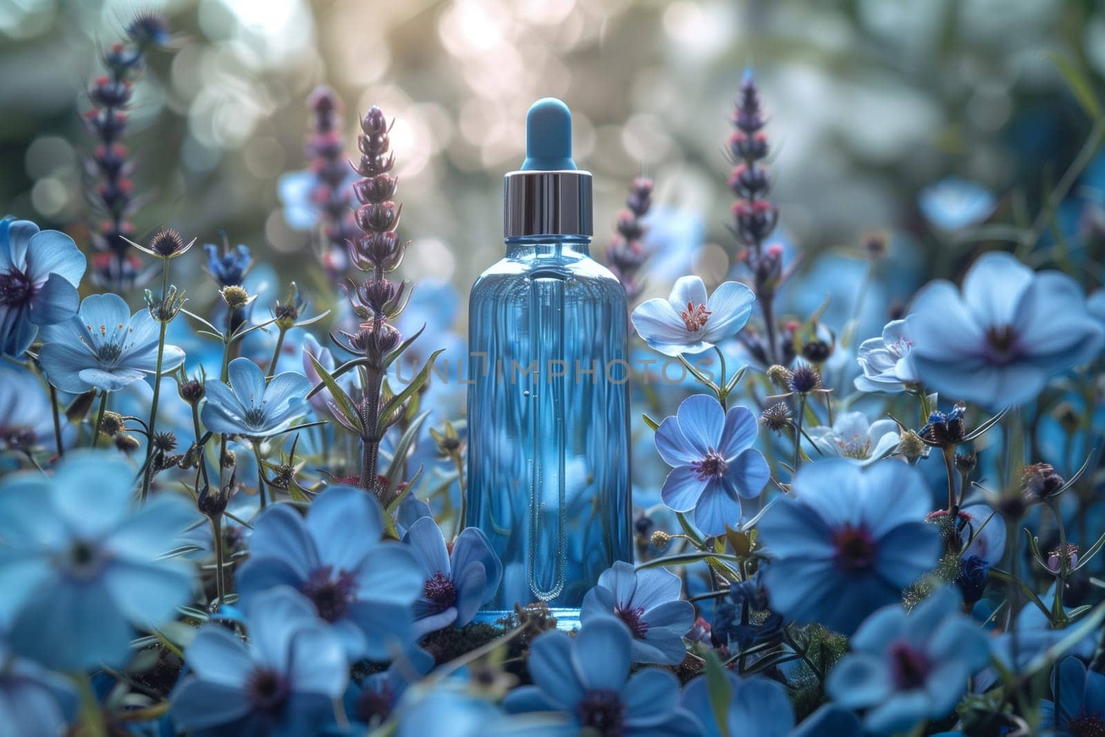 A bottle of perfume rests among blue flowers in a meadow by richwolf