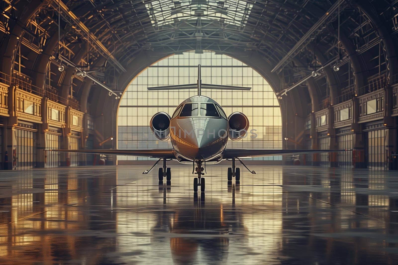 An upscale private aircraft sits in a spacious hangar. The sleek, symmetrical design showcases a mix of composite materials and metal fixtures on the flooring