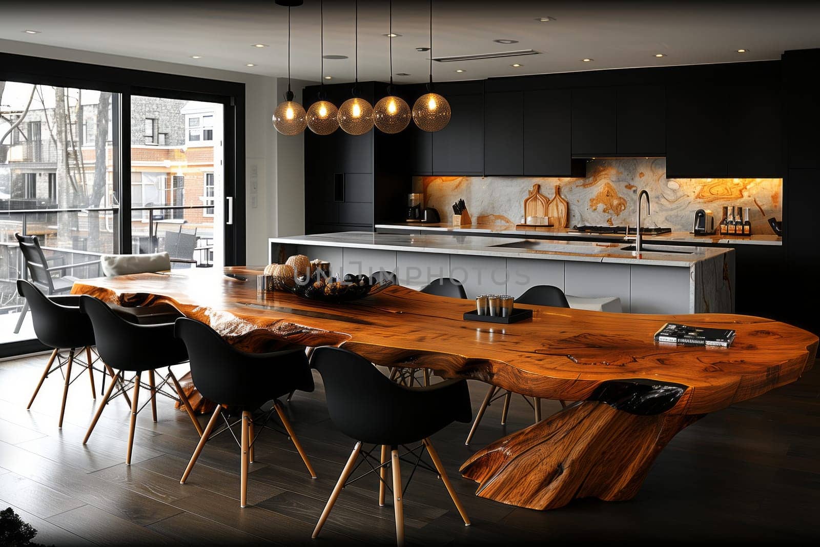 Large wooden table and chairs in dining room with hardwood flooring by richwolf