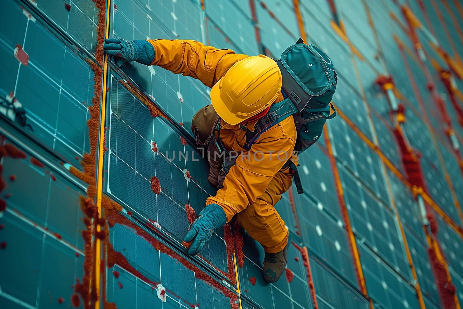 A bluecollar worker is scaling a wall of solar panels for recreation using a rope and helmet. The adventure involves composite materials and electric blue panels