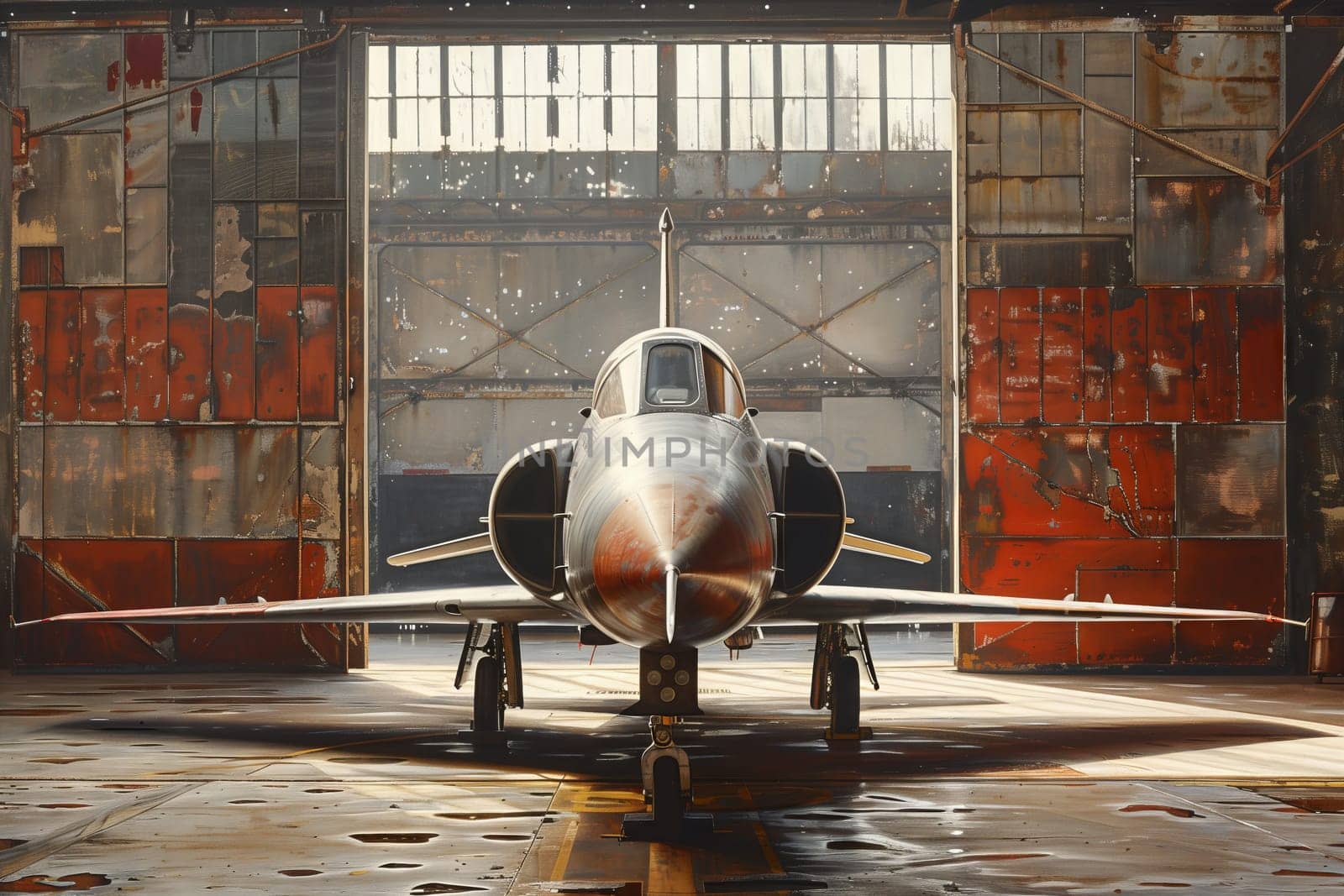 a fighter jet is parked in a hangar . High quality