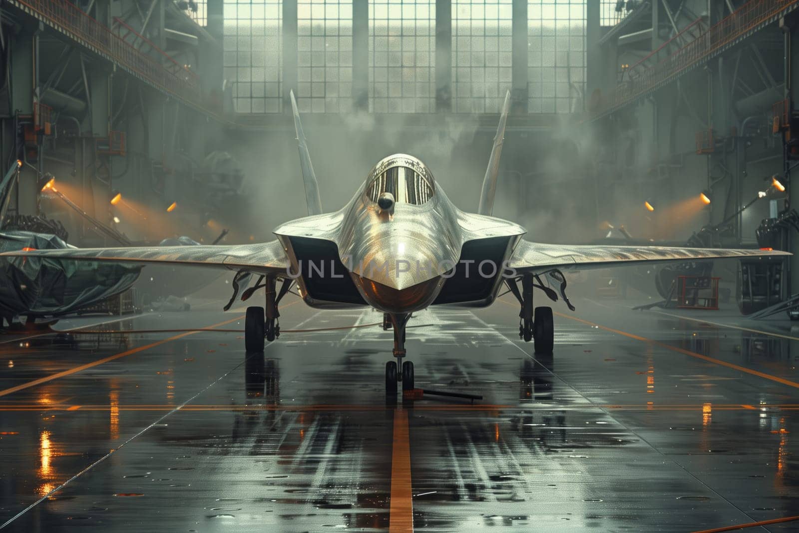 An aircraft is stored in a hangar, awaiting its next mission. The sleek vehicle is a marvel of aerospace engineering, featuring composite materials and a sturdy windshield