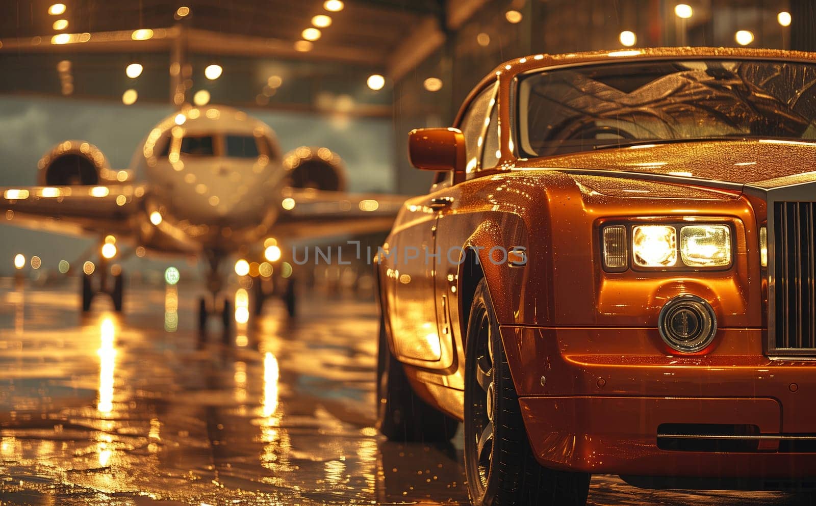 A car is parked in front of a private jet, displaying its Automotive lighting and sleek design next to the towering aircraft