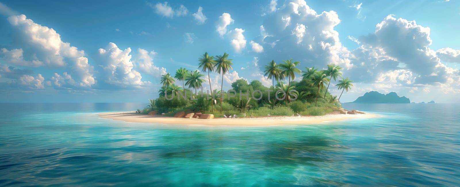 A small island with palm trees surrounded by water in the middle of the ocean, under a cloudy sky with cumulus clouds on the horizon