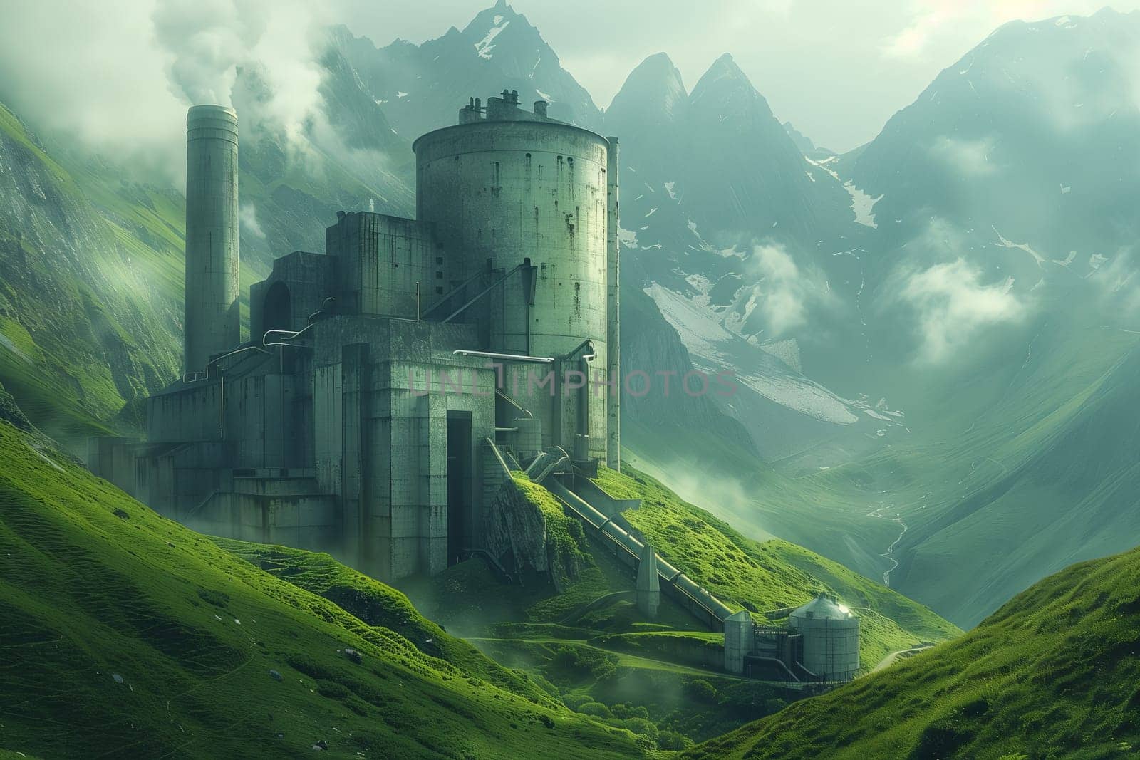 a castle is sitting on top of a green hill surrounded by mountains by richwolf