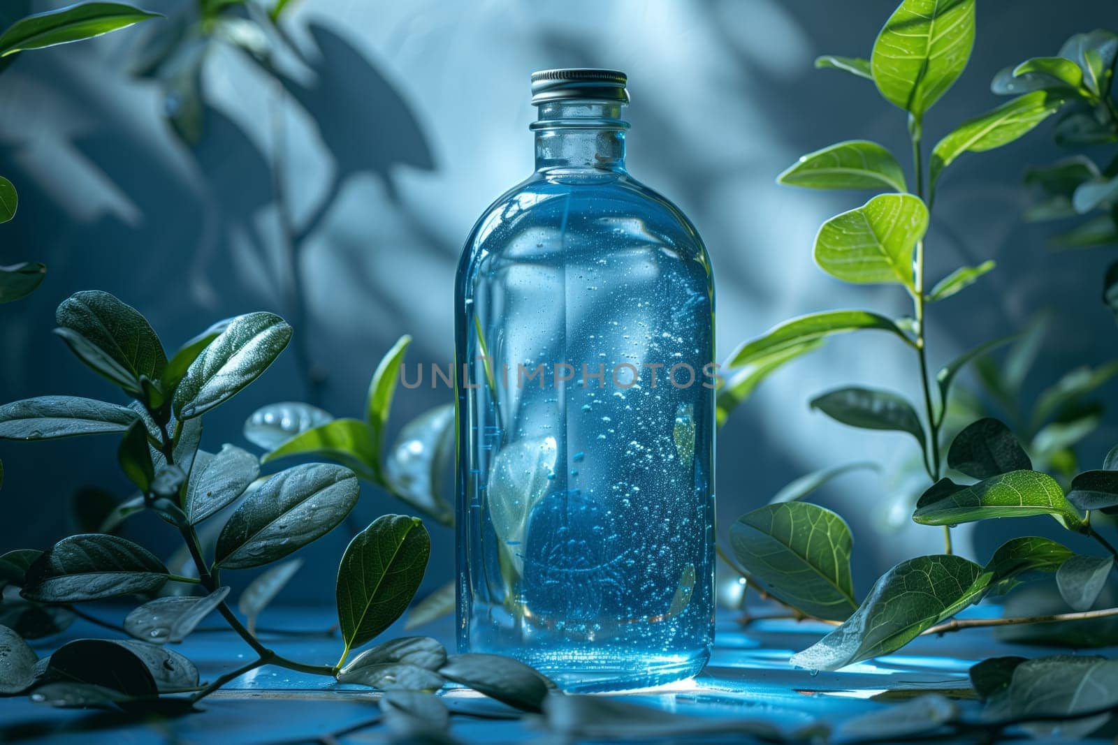A plastic bottle containing liquid water is placed on a table surrounded by green leaves and twigs
