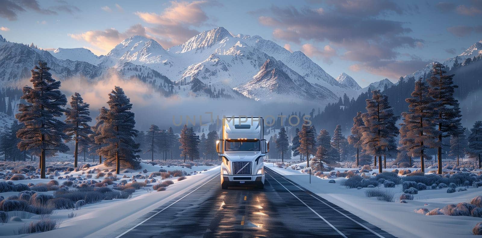 A semi truck navigates a snowy road with mountains in the background by richwolf