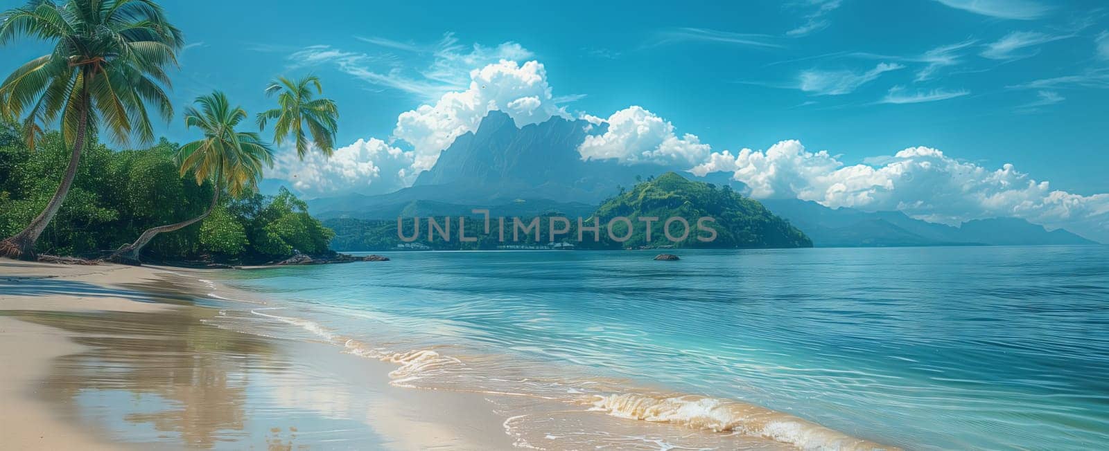 A picturesque natural landscape featuring a tropical beach with palm trees, a majestic mountain in the background, and fluffy cumulus clouds hovering in the sky