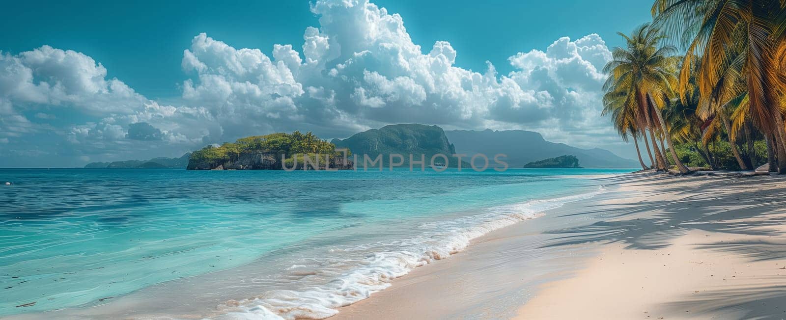 A natural landscape with palm trees, waves crashing on the sandy beach, aqua water, and blue sky creating a tranquil coastal scene for travel enthusiasts