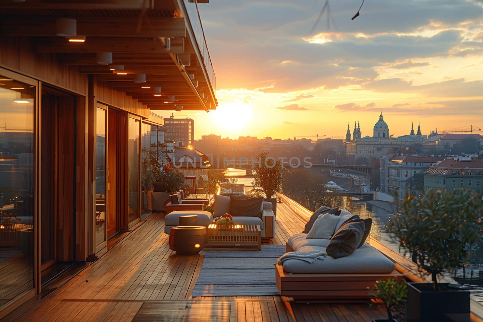 A building balcony overlooking a city at sunset, with a view of the skyline, clouds in the sky, vehicles on the streets, and houses in the landscape