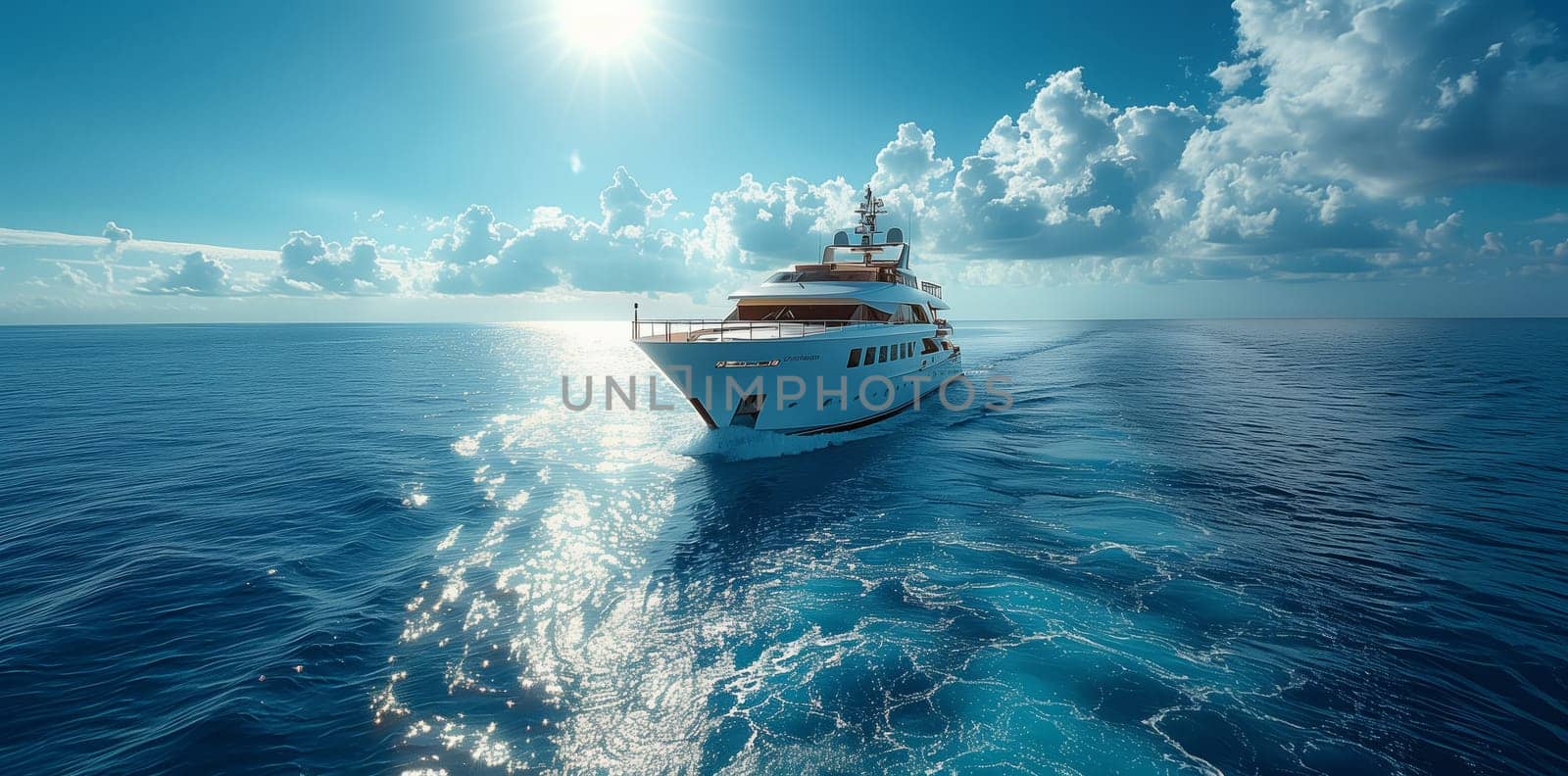 A luxurious boat is cruising on the vast expanse of water, showcasing the intricate design of naval architecture against the backdrop of the endless horizon and clear blue sky