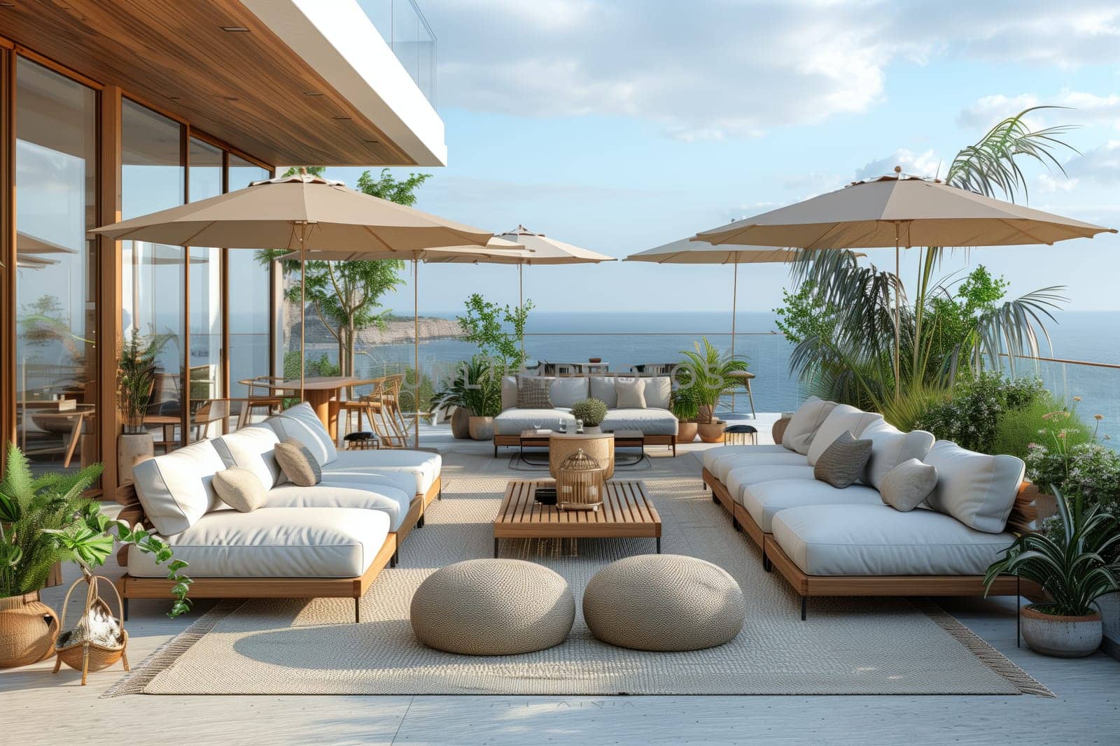 A waterfront patio adorned with numerous furniture, umbrellas, and plants, offering stunning views of the ocean. The perfect spot to relax and enjoy the beauty of nature