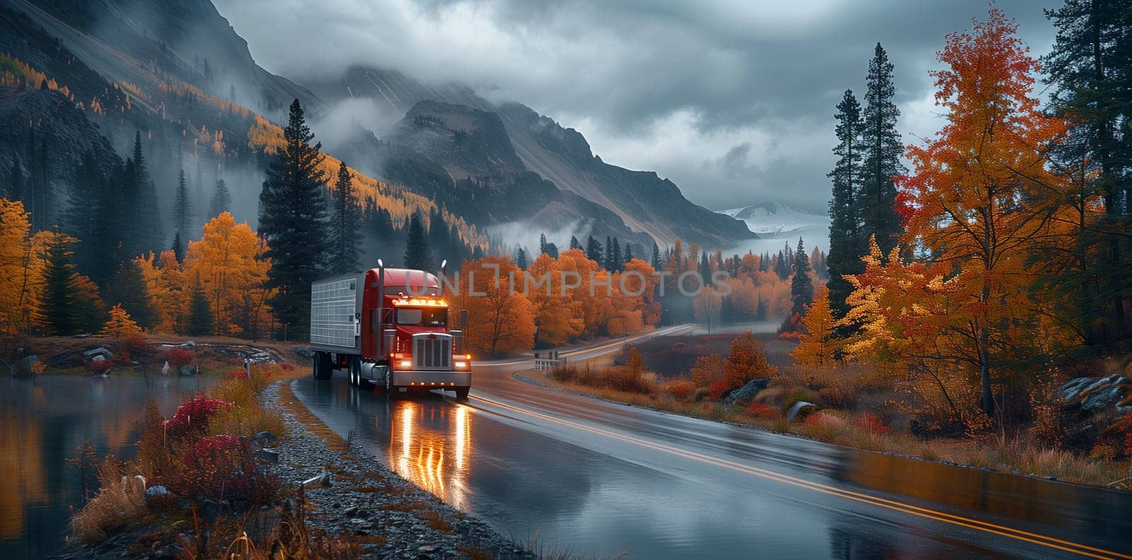 A semi truck is descending a mountain road next to a picturesque river, surrounded by natural landscape, trees, and a cloudy sky