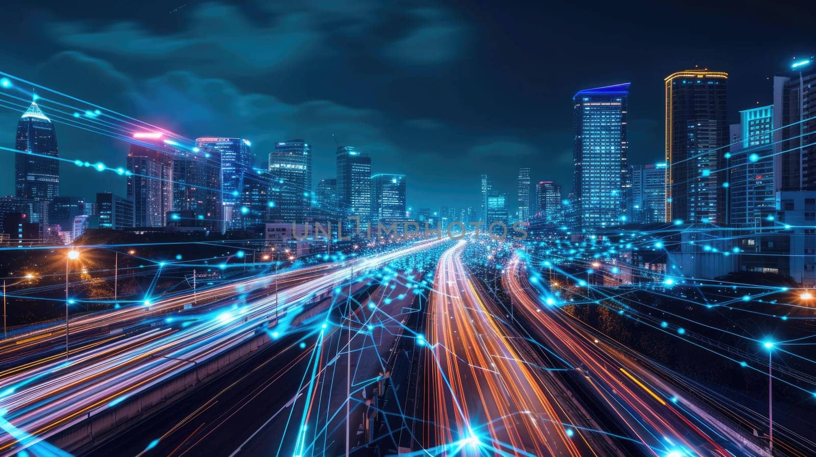 Digitally enhanced image illustrating a bustling smart city network with glowing connections and data points over an urban skyline. AIG41