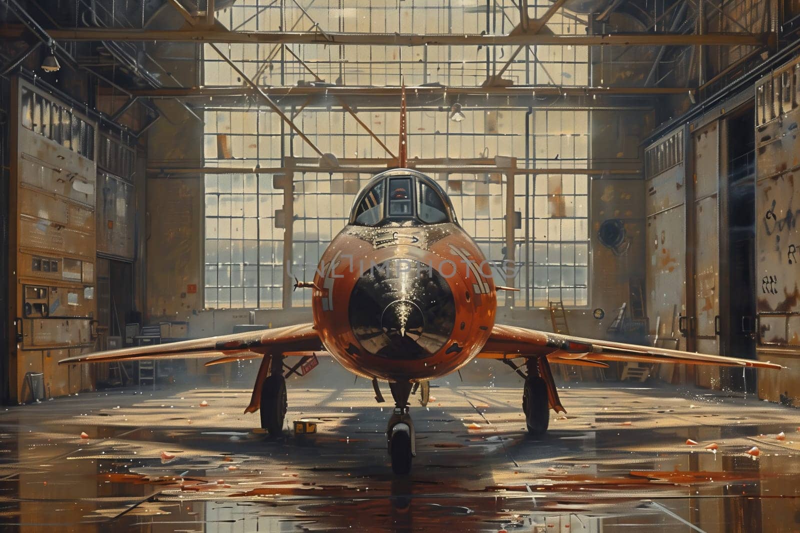 An aircraft, specifically a fighter jet, is stored in a hangar, a building made of wood and used to house airplanes