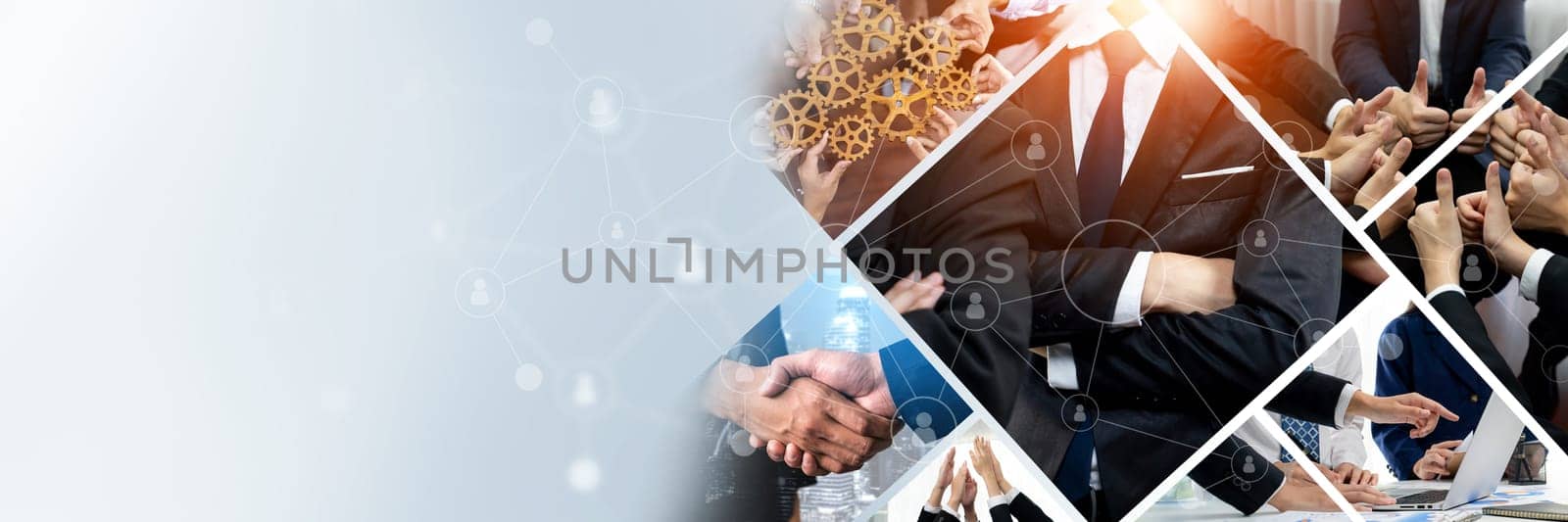 Teamwork and human resources HR management technology concept in corporate business with people group networking to support partnership, trust, teamwork and unity of coworkers in office kudos