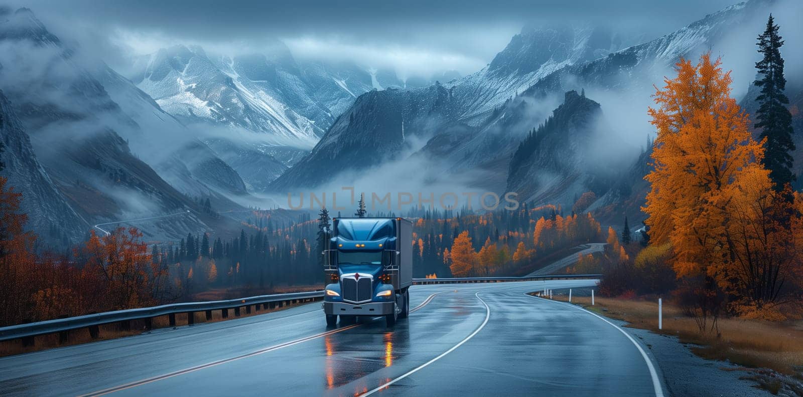 A blue semi truck is descending a wet mountain road during a rainy day by richwolf