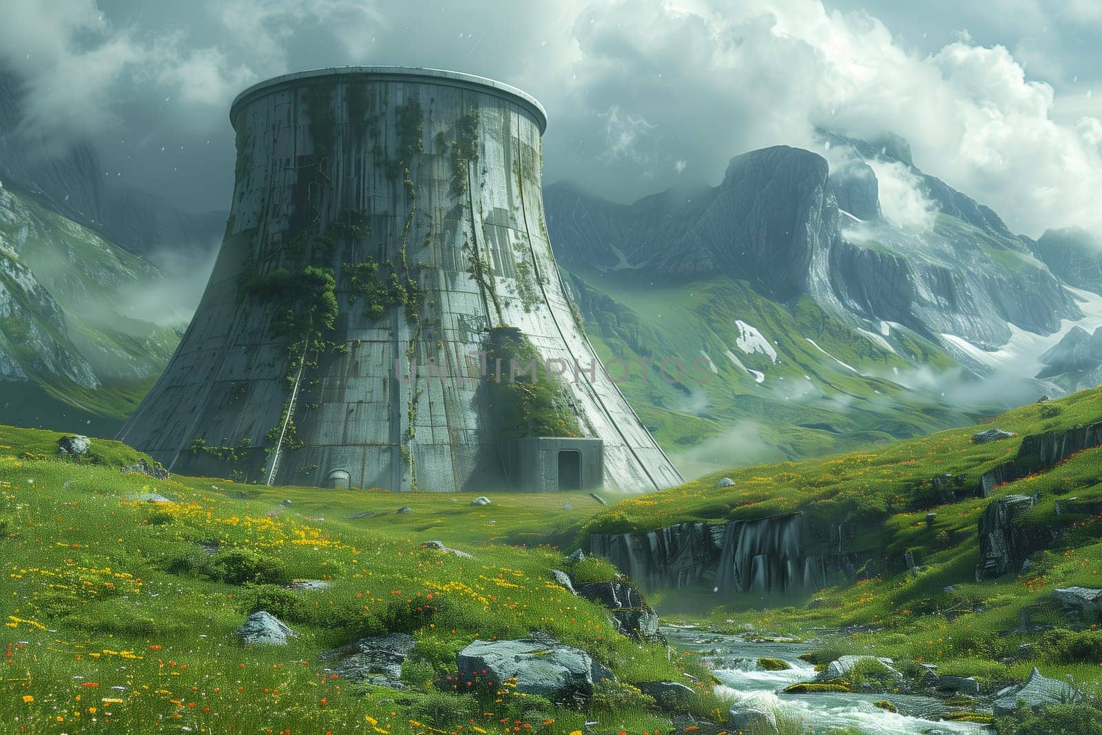 a large cooling tower in the middle of a grassy field with mountains in the background by richwolf